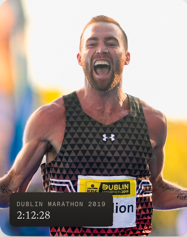 Stephen Scullion crossing the line at the Dublin Marathon 2019